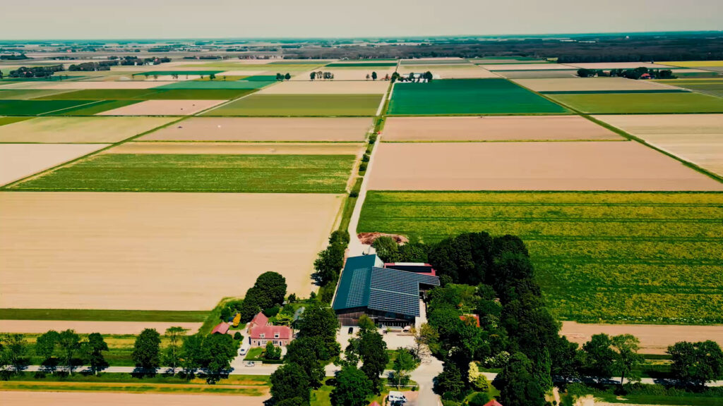 Luchtfoto van een landelijk landschap met geometrisch aangelegde akkers, elkaar kruisende wegen, boerderijgebouwen en huizen omringd door bomen.